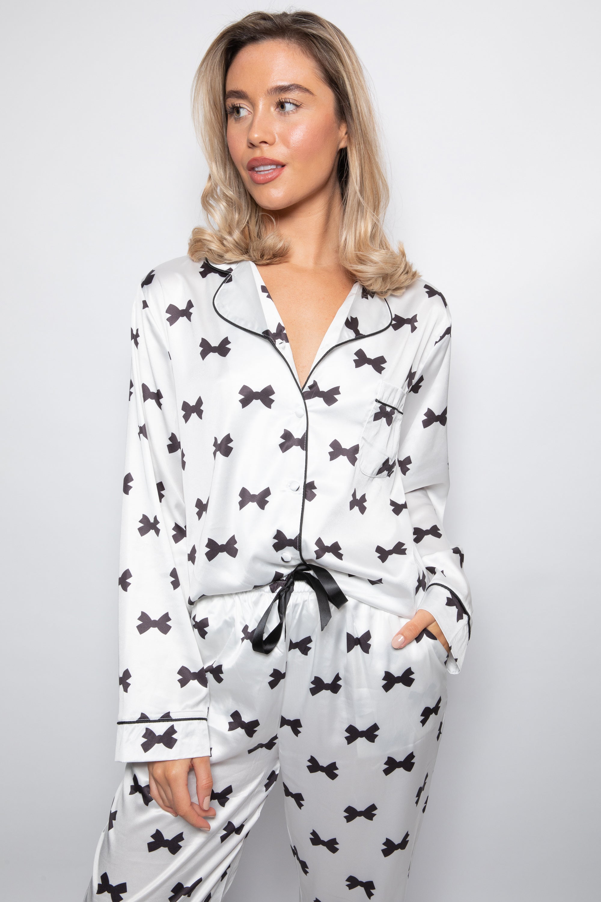 Silky Luxe Satin White Bow Print PJ Set