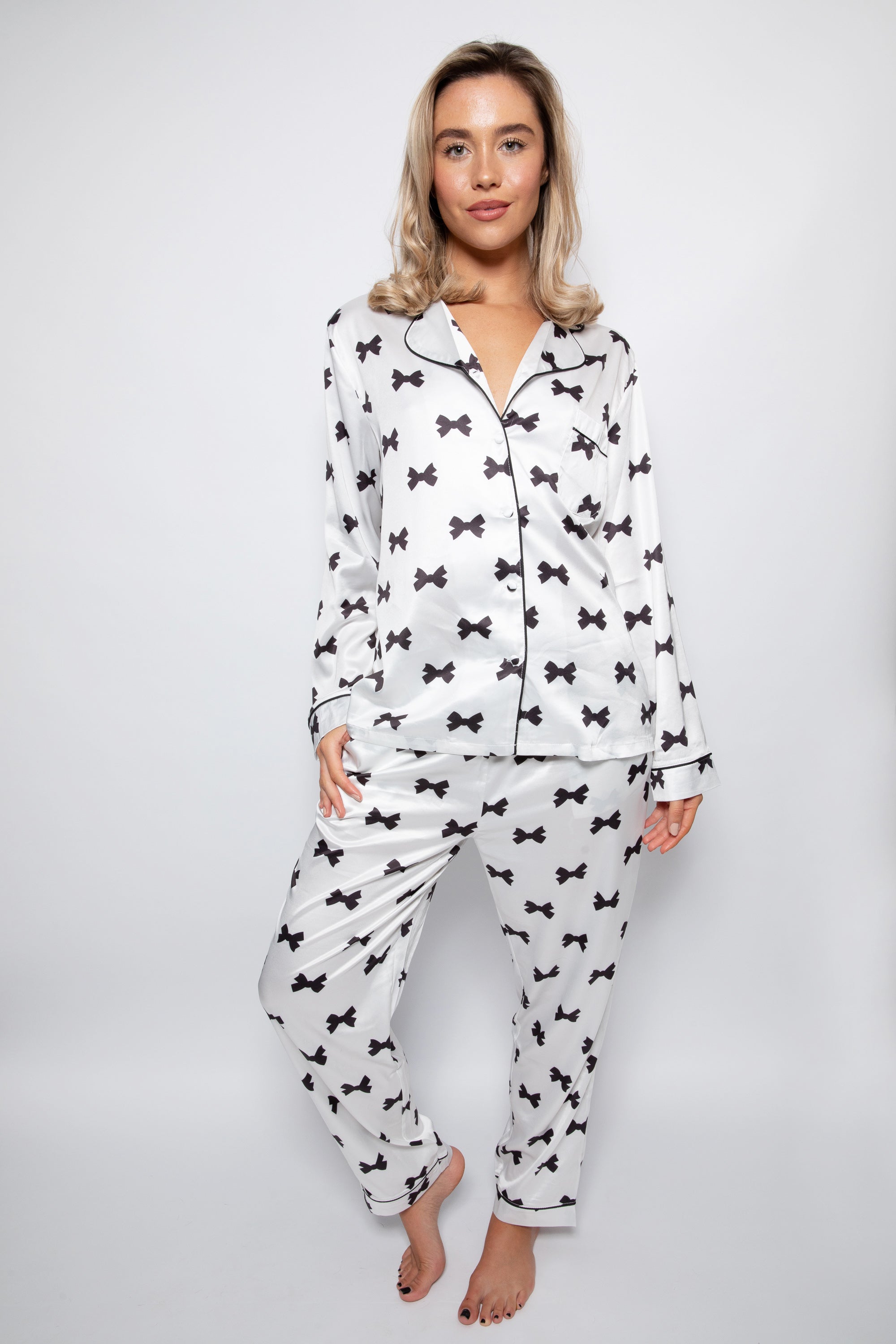 Silky Luxe Satin White Bow Print PJ Set