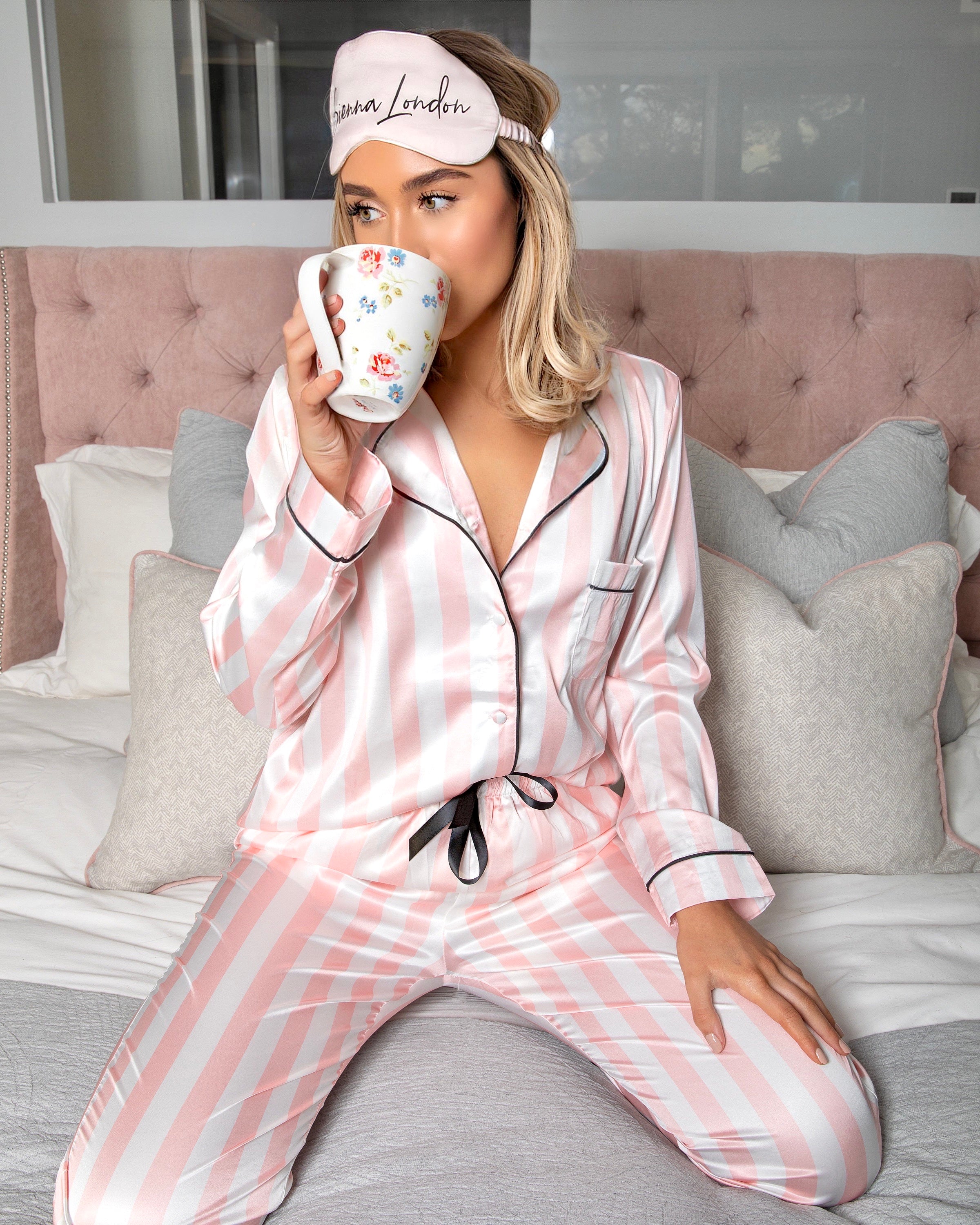 Silky Luxe Satin Pink and White Stripe PJ set